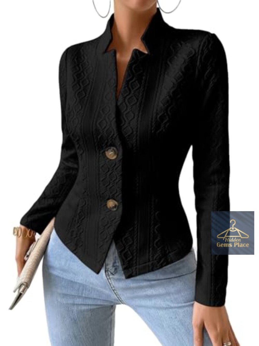 Womens Jacquard Knit Blazer Jacket Slim Fit Office Work Coat - Picture 4 of 7